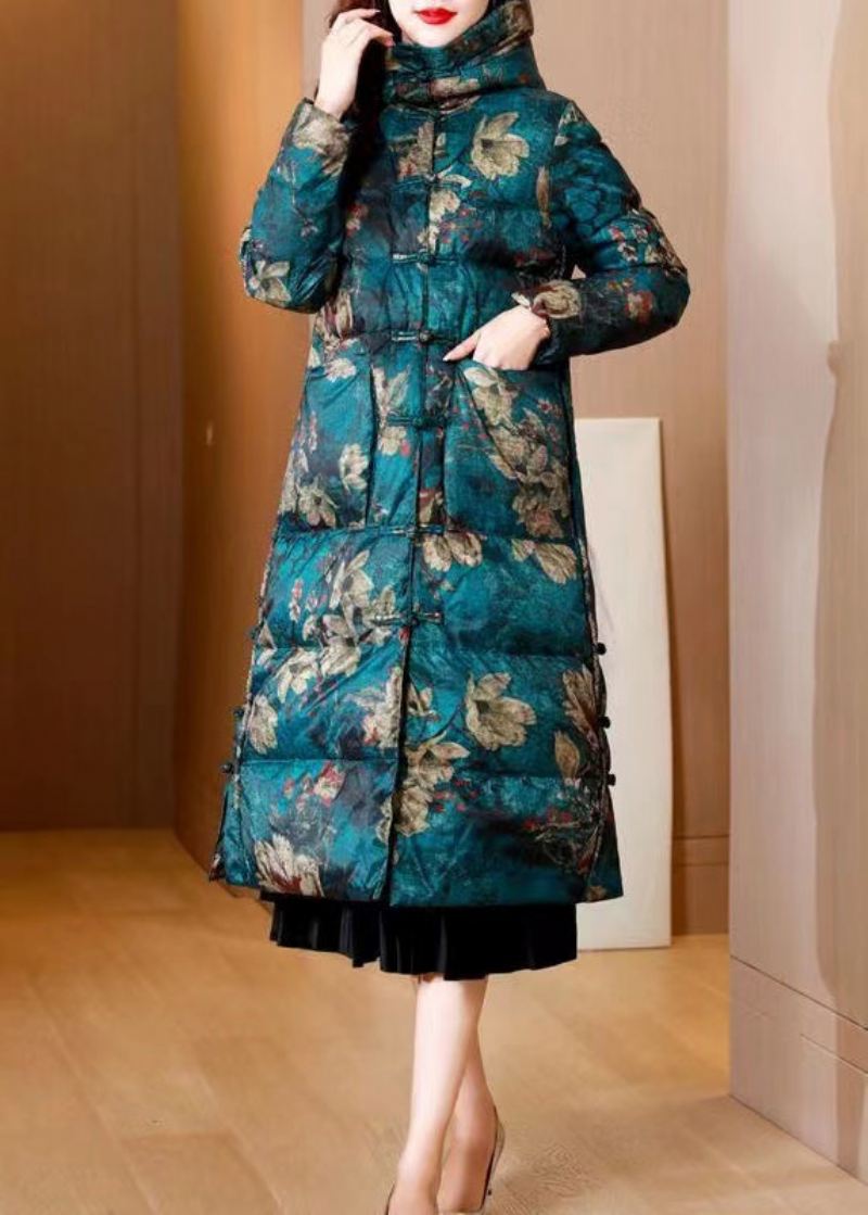 Kvinner Green Print Lommer Chinese Button Duck Down Puffers Coat Winter - Dunjakker for kvinner