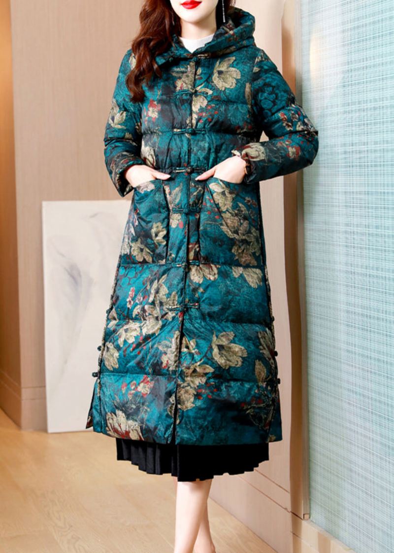 Kvinner Green Print Lommer Chinese Button Duck Down Puffers Coat Winter - Dunjakker for kvinner