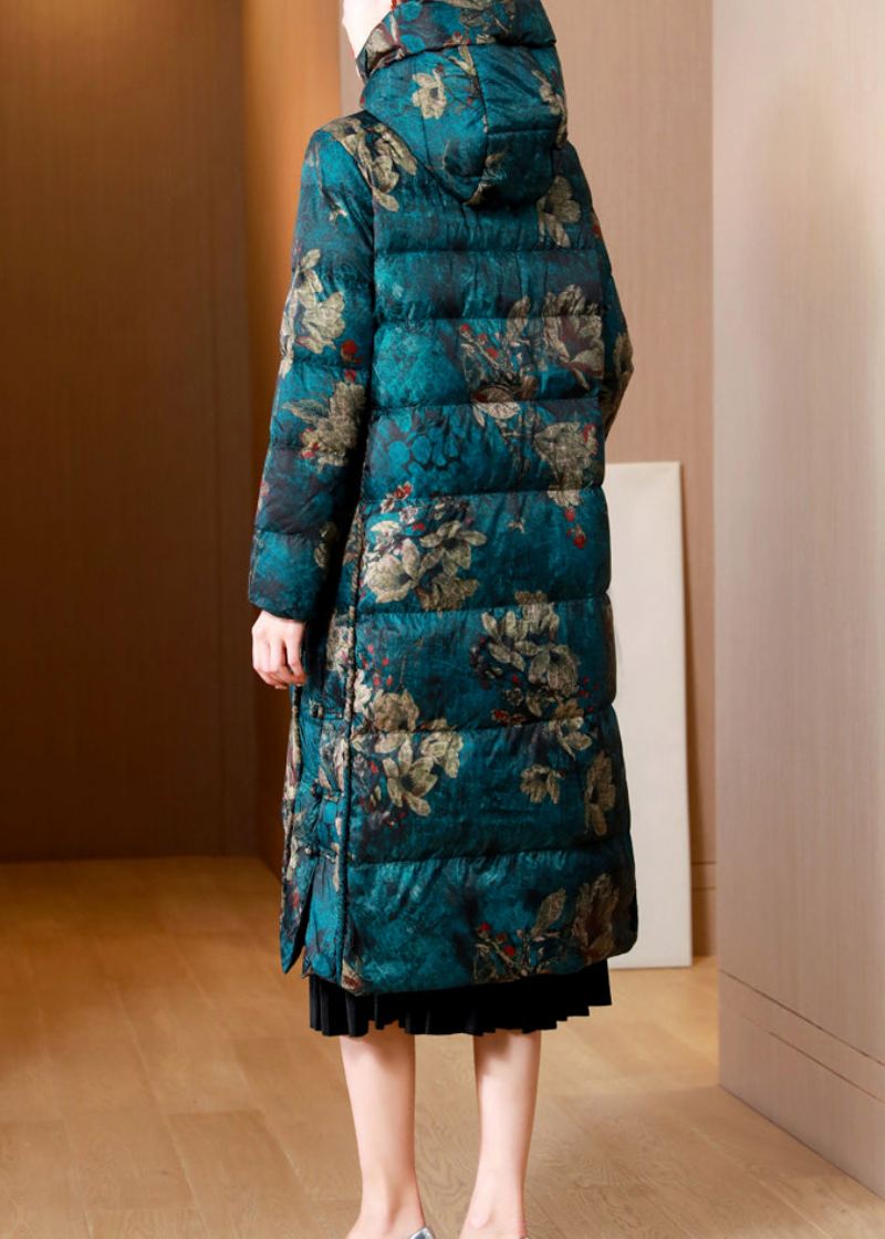 Kvinner Green Print Lommer Chinese Button Duck Down Puffers Coat Winter - Dunjakker for kvinner