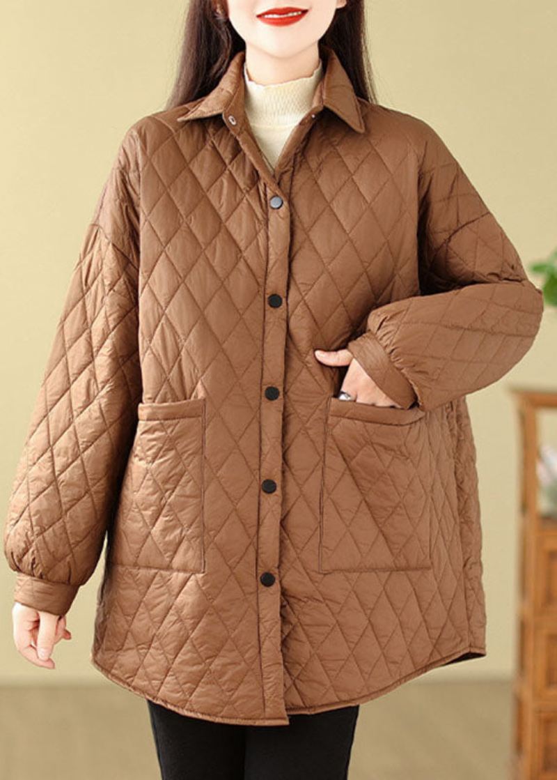 Kvinner Kaffe Peter Pan Kragelommer Plaid Patchwork Parkas Langermet - Kaffe