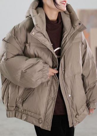 Kvinner Khaki Zip Up Snøring Duck Down Puffer Jacket Vinter