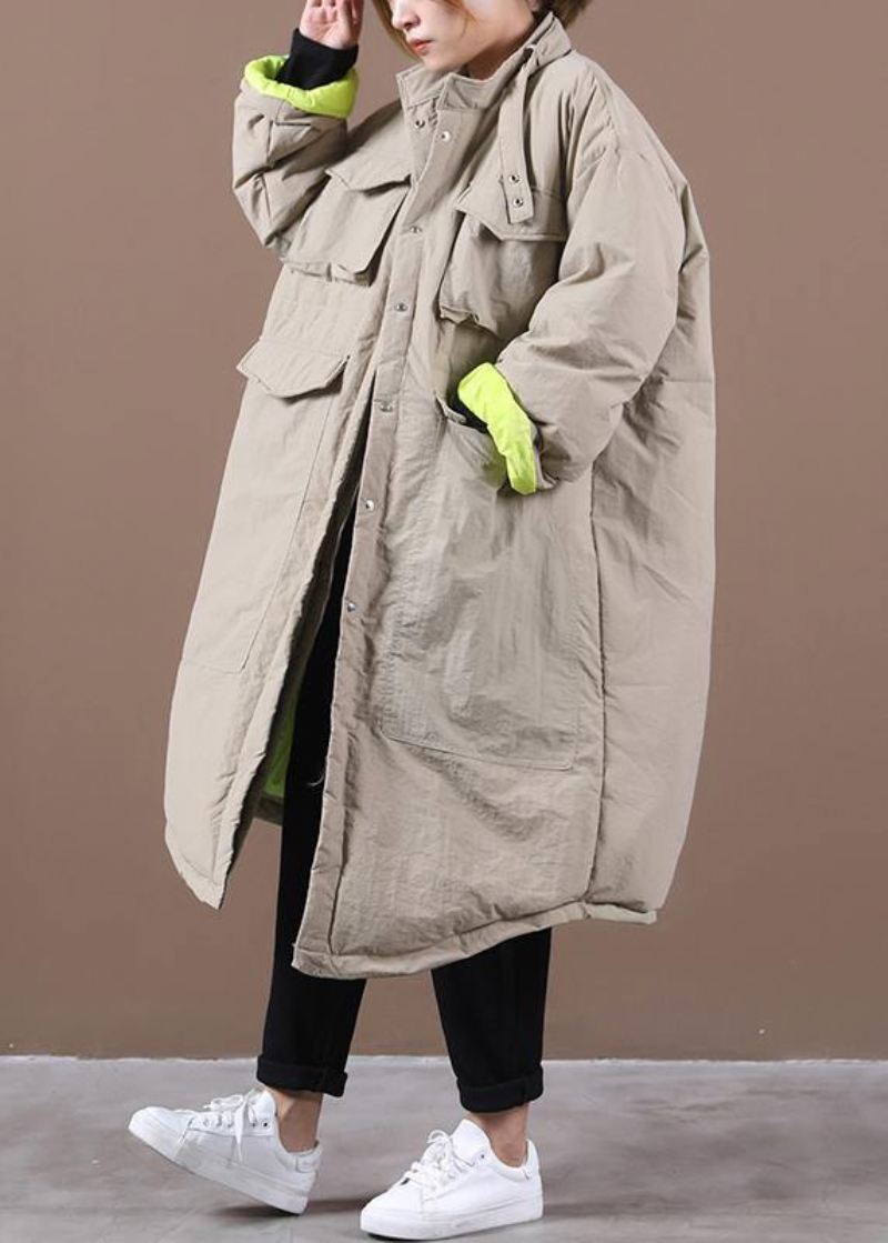 Kvinner Plus Size Vinterjakkelommer Khaki Stativ Krage Asymmetrisk Varm Vinterfrakk