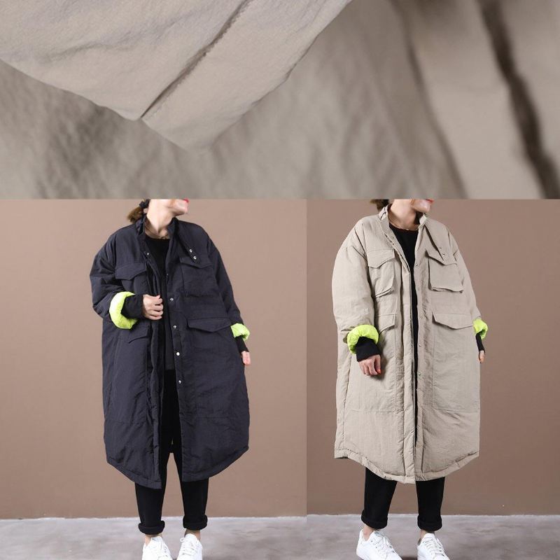 Kvinner Plus Size Vinterjakkelommer Khaki Stativ Krage Asymmetrisk Varm Vinterfrakk - Khaki