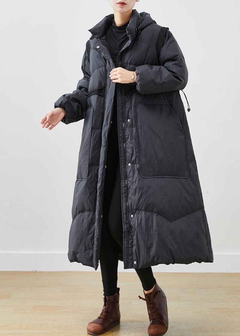 Kvinner Svart Cinched Store Lommer Duck Down Coat Winter