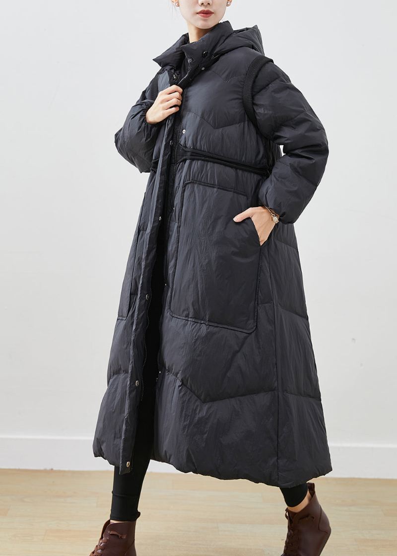 Kvinner Svart Cinched Store Lommer Duck Down Coat Winter - Dunjakker for kvinner