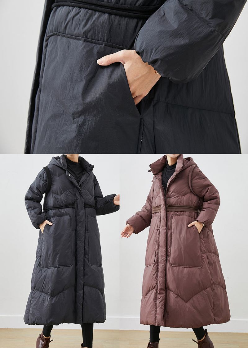 Kvinner Svart Cinched Store Lommer Duck Down Coat Winter - Dunjakker for kvinner