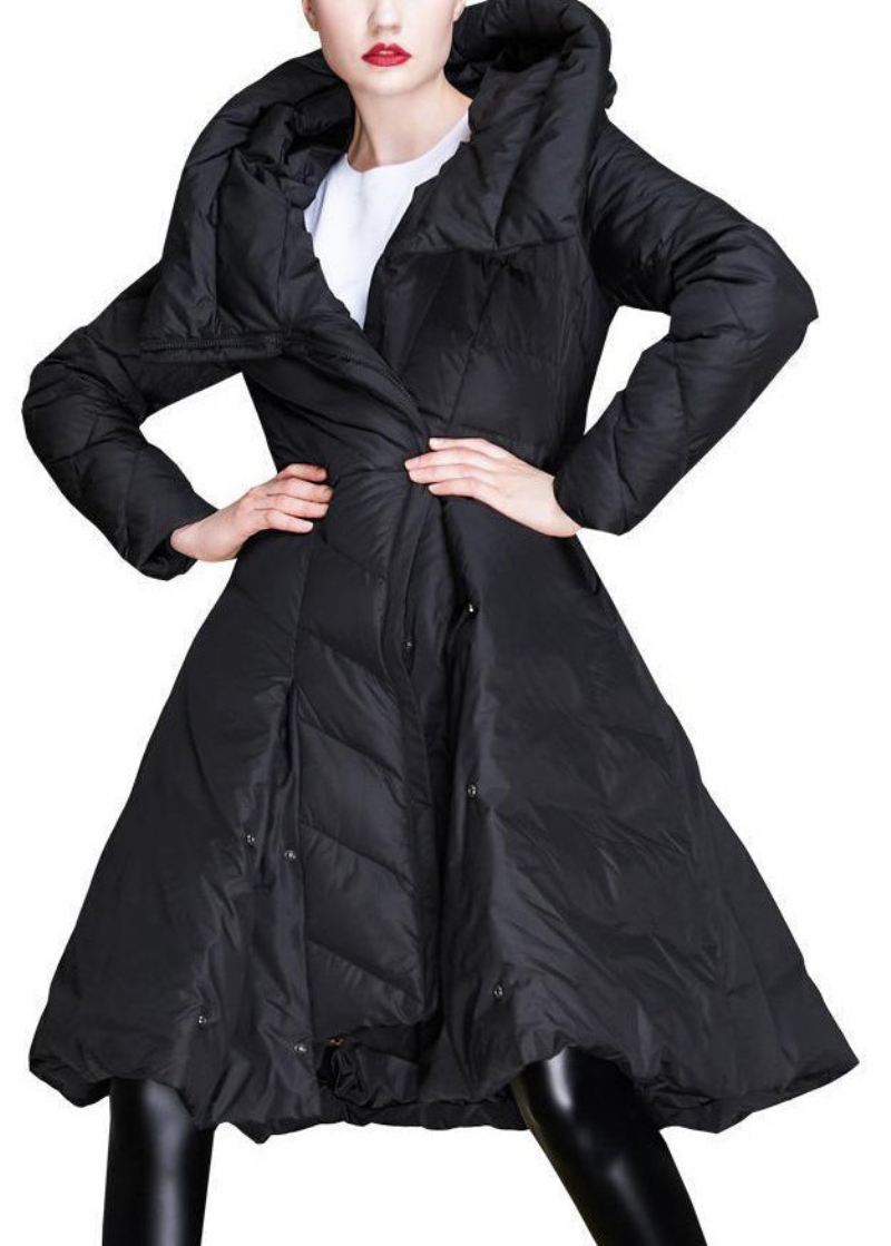 Kvinner Svart Hette Asymmetrisk Button Duck Down Coat Vinter