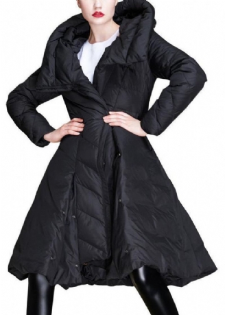 Kvinner Svart Hette Asymmetrisk Button Duck Down Coat Vinter