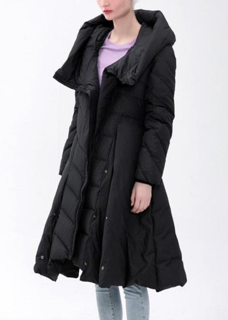 Kvinner Svart Hette Asymmetrisk Button Duck Down Coat Vinter - Dunjakker for kvinner