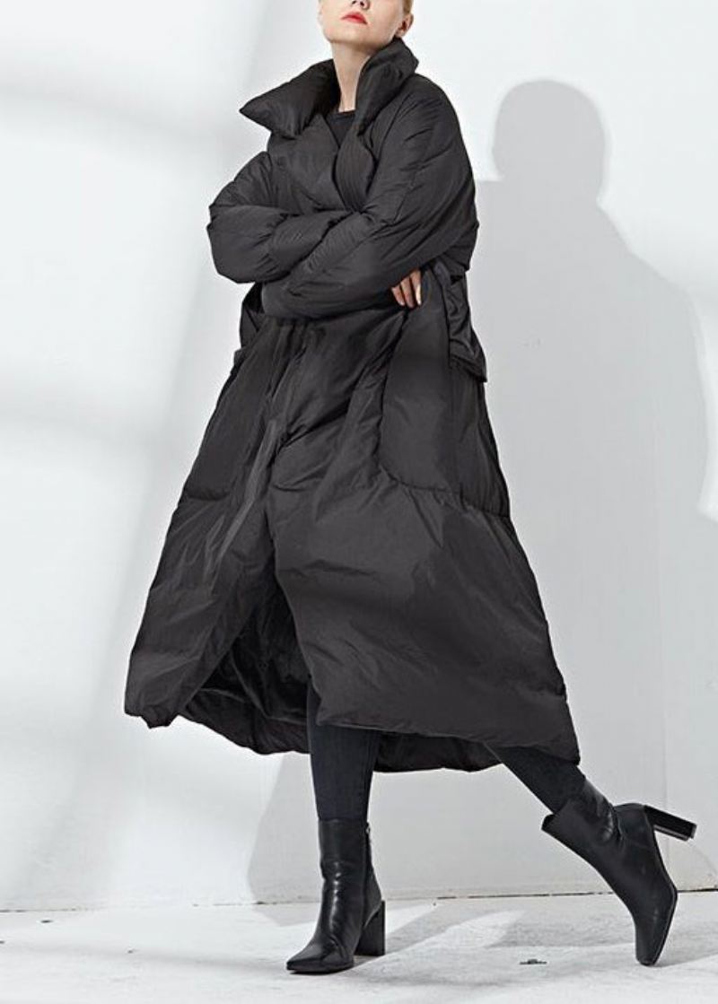 Loose Black Tie Midjelommer Duck Down Long Coat Winter