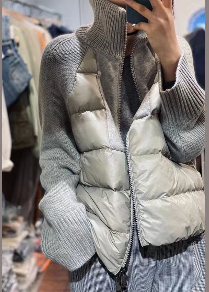 Løs Grå Turtleneck Zip Up Knit Patchwork Parka Langermet