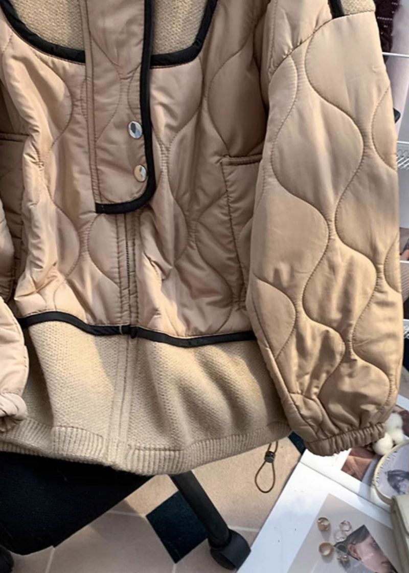 Løs Khaki Zip Up Knit Patchwork Parka Langermet - Dunjakker for kvinner