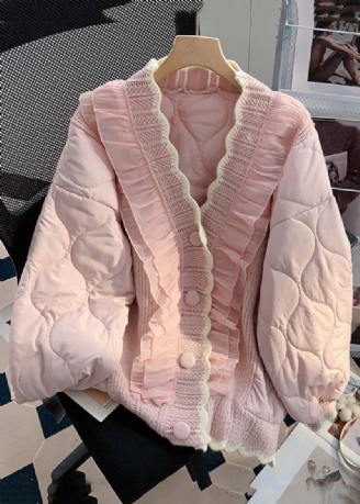 Løs Rosa Ruffled Button Strikk Patchwork Tynn Parka Winter