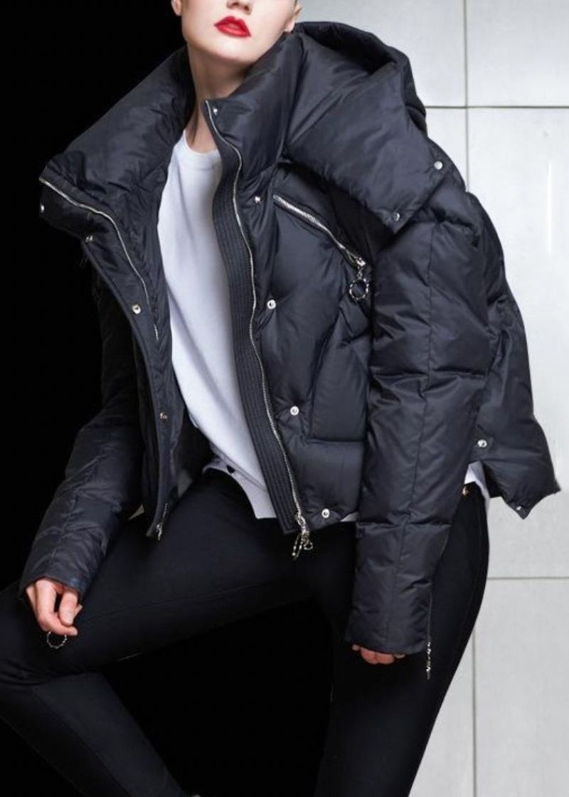 Løs Svart Hette Zip Up Duck Down Coat Winter