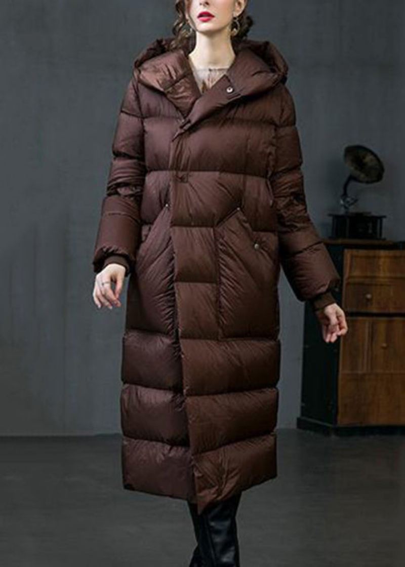 Løse Brune Hettelommer Duck Down Coat Winter - Dunjakker for kvinner