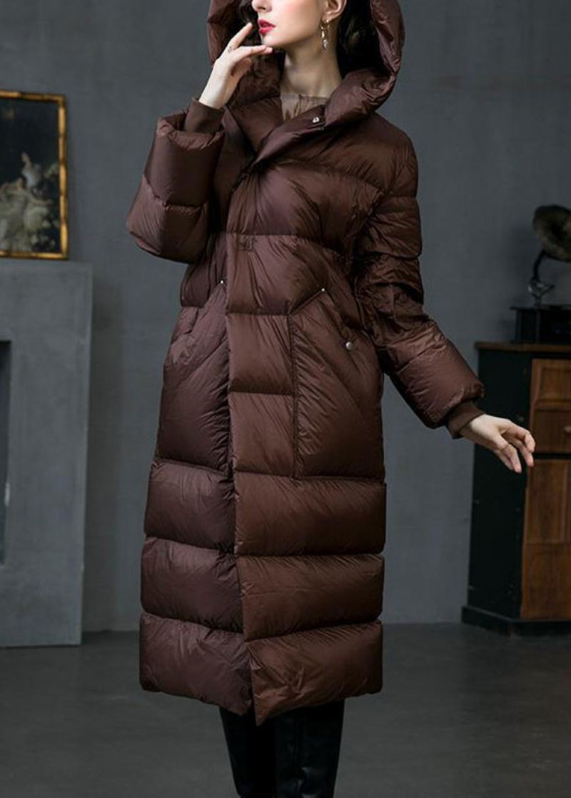 Løse Brune Hettelommer Duck Down Coat Winter - Dunjakker for kvinner