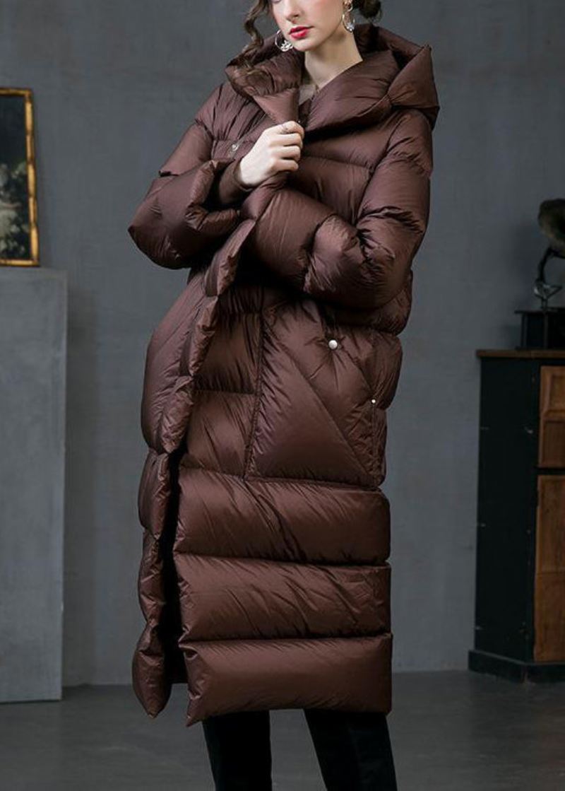 Løse Brune Hettelommer Duck Down Coat Winter - Dunjakker for kvinner