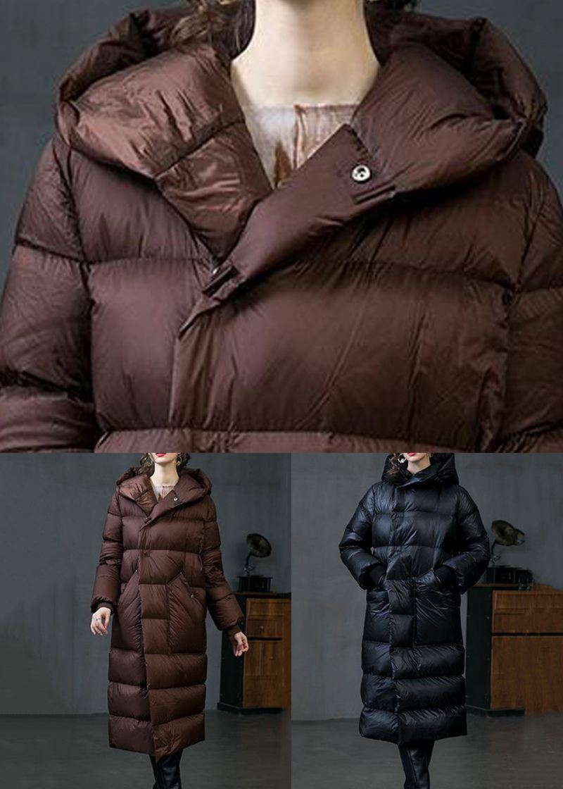 Løse Brune Hettelommer Duck Down Coat Winter - Dunjakker for kvinner