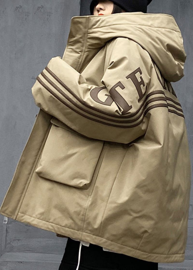 Løse Khaki Hettelommer Patchwork Duck Down Coat Vinter