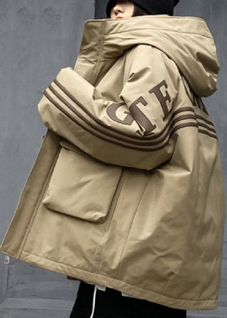 Løse Khaki Hettelommer Patchwork Duck Down Coat Vinter