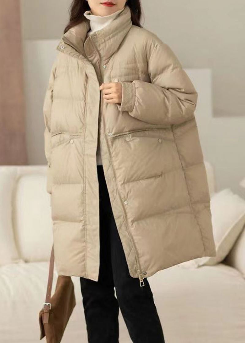 Løse Khaki Zip Up Lommer Patchwork Duck Down Coat Vinter - Dunjakker for kvinner