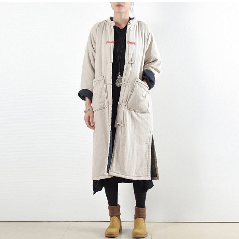 Luksus Beige Hvit Fritidsfrakk Løstsittende Bomullsfrakk Elegant Side Åpen Trenchcoat Kinesisk Knapp