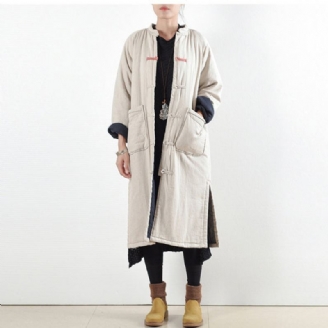 Luksus Beige Hvit Fritidsfrakk Løstsittende Bomullsfrakk Elegant Side Åpen Trenchcoat Kinesisk Knapp