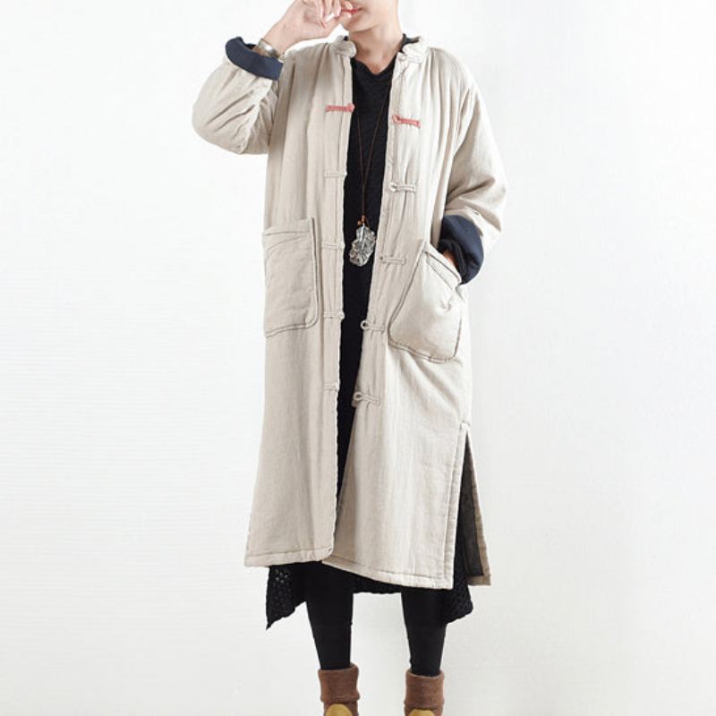 Luksus Beige Hvit Fritidsfrakk Løstsittende Bomullsfrakk Elegant Side Åpen Trenchcoat Kinesisk Knapp - Rød