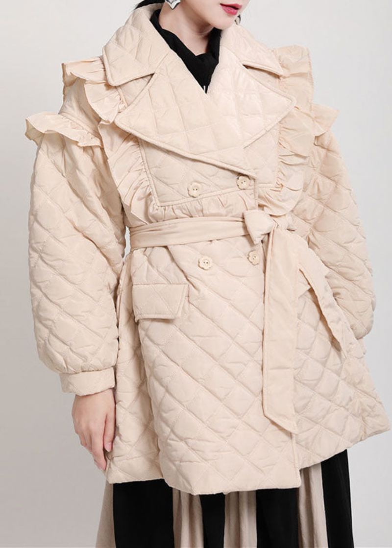 Luksus Khaki Lommer Button Ruffled Knyting Midje Winter Cotton Parka Langermet - Dunjakker for kvinner