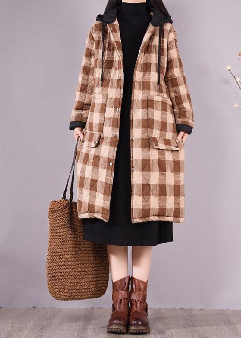 Luksus Oversize Outwear Chocolate Plaid Hettelommer Uformelt Antrekk