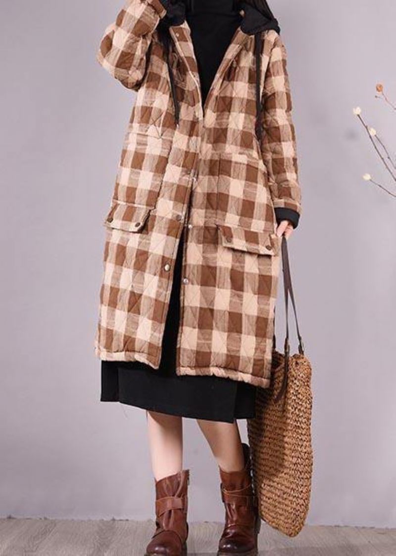 Luksus Oversize Outwear Chocolate Plaid Hettelommer Uformelt Antrekk - Svart