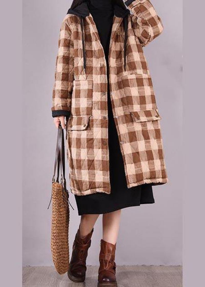 Luksus Oversize Outwear Chocolate Plaid Hettelommer Uformelt Antrekk - Svart