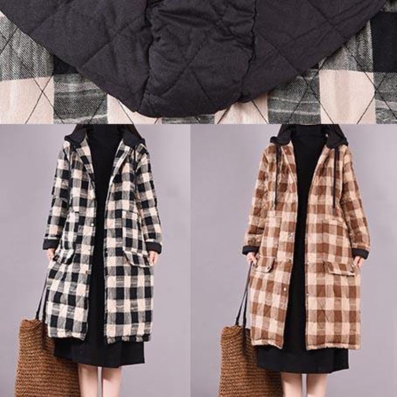 Luksus Oversize Outwear Chocolate Plaid Hettelommer Uformelt Antrekk - Svart