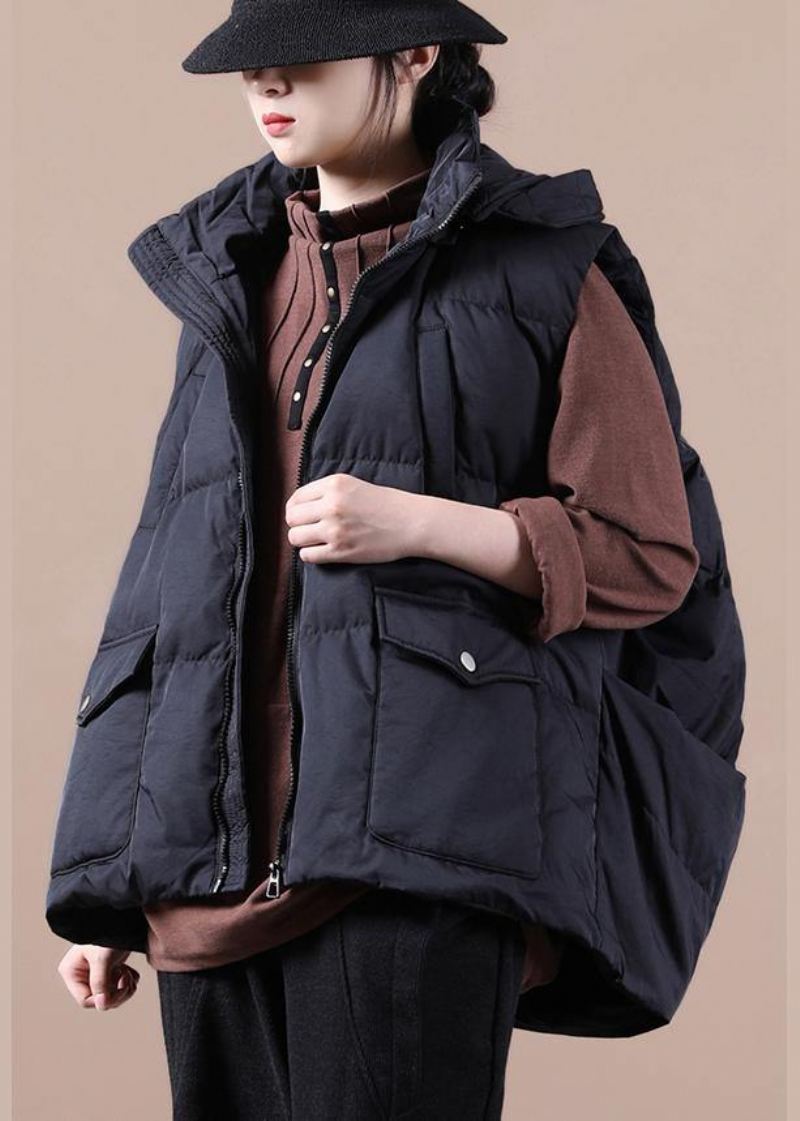 Luksus Svart Dunjakke Kvinne Oversize Parka Stativ Krage Lommer Casual Vest