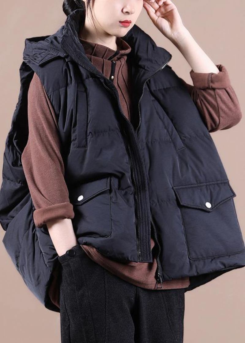 Luksus Svart Dunjakke Kvinne Oversize Parka Stativ Krage Lommer Casual Vest - Svart