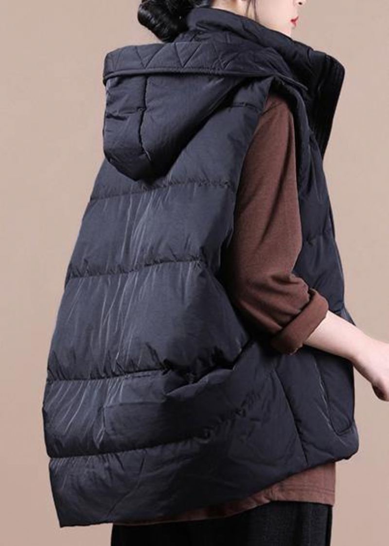 Luksus Svart Dunjakke Kvinne Oversize Parka Stativ Krage Lommer Casual Vest - Svart