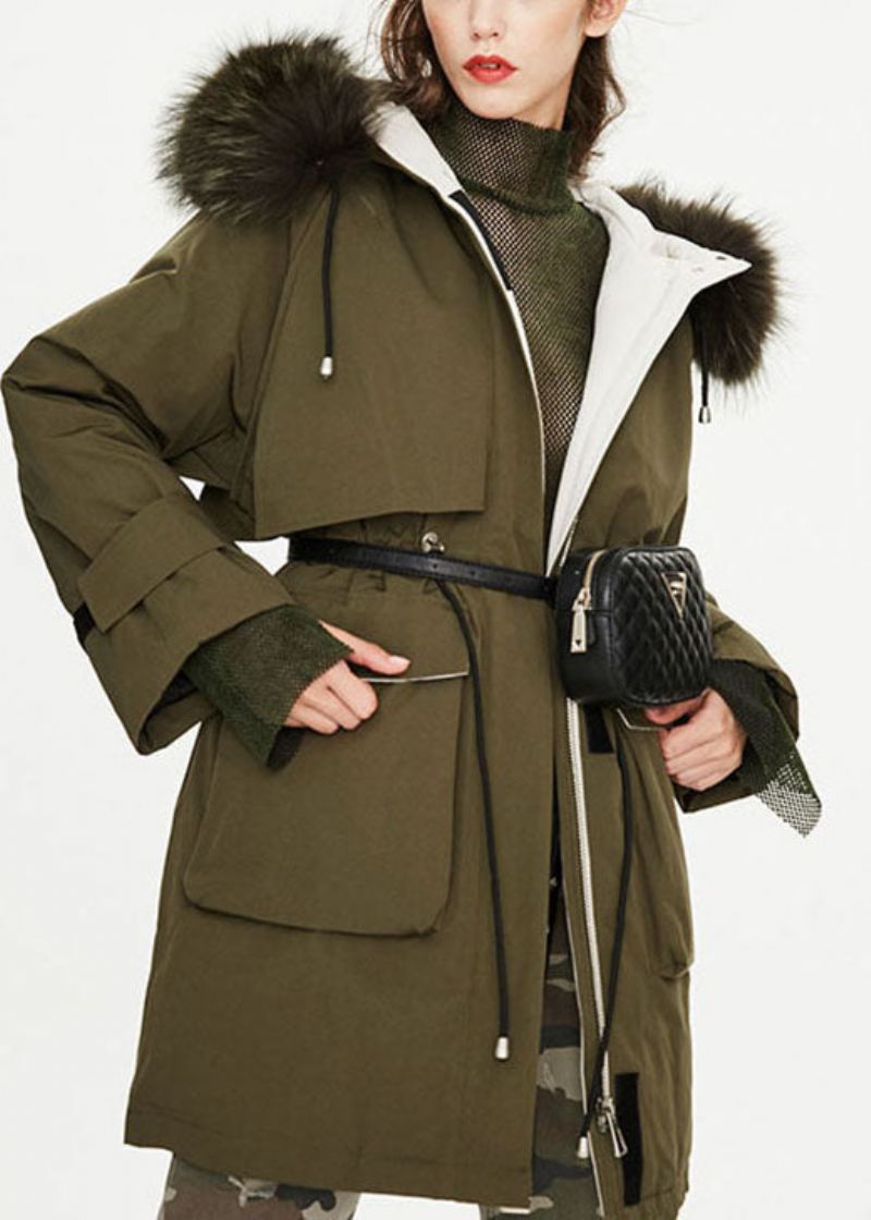 Moderne Army Grønn Pelskrage Lommer Knyte Midje Vinter Duck Down Puffer Coat