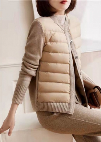 Moderne Beige Hvit Farge O-hals Patchwork Strikket Parka Langermet