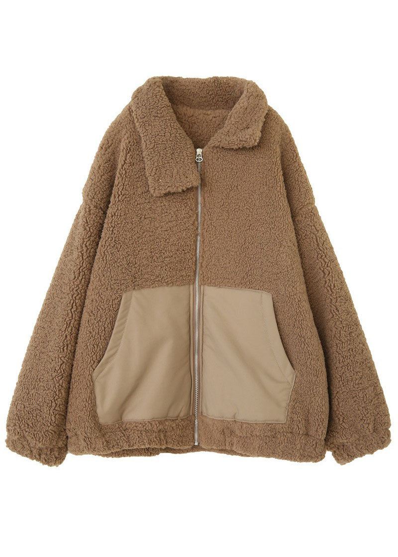 Moderne Khaki Peter Pan Krage Patchwork Lommer Teddy Faux Fur Puffers Jakker Vinter - Dunjakker for kvinner