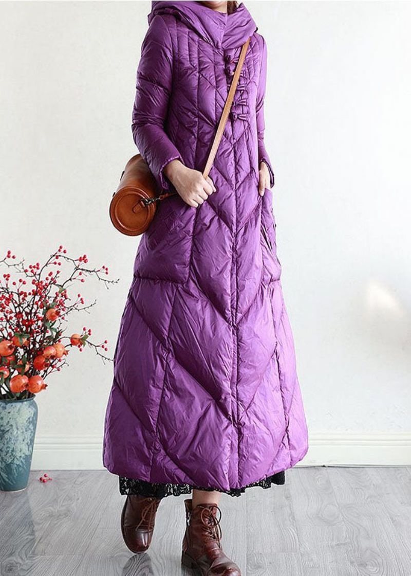 Moderne Lilla Hette Oriental Button Forleng Duck Down Puffer Coat Vinter - Dunjakker for kvinner