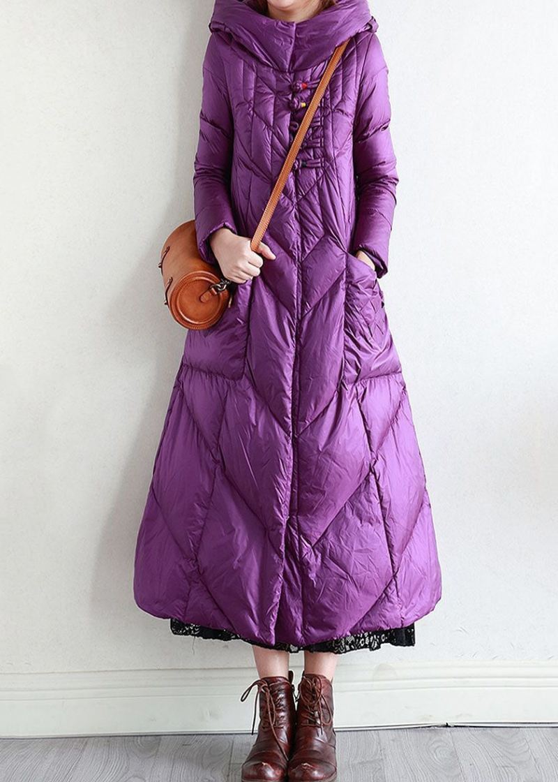 Moderne Lilla Hette Oriental Button Forleng Duck Down Puffer Coat Vinter - Dunjakker for kvinner