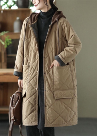 Montert Khaki Glidelås Pledd Patchwork Hette Parka Winter