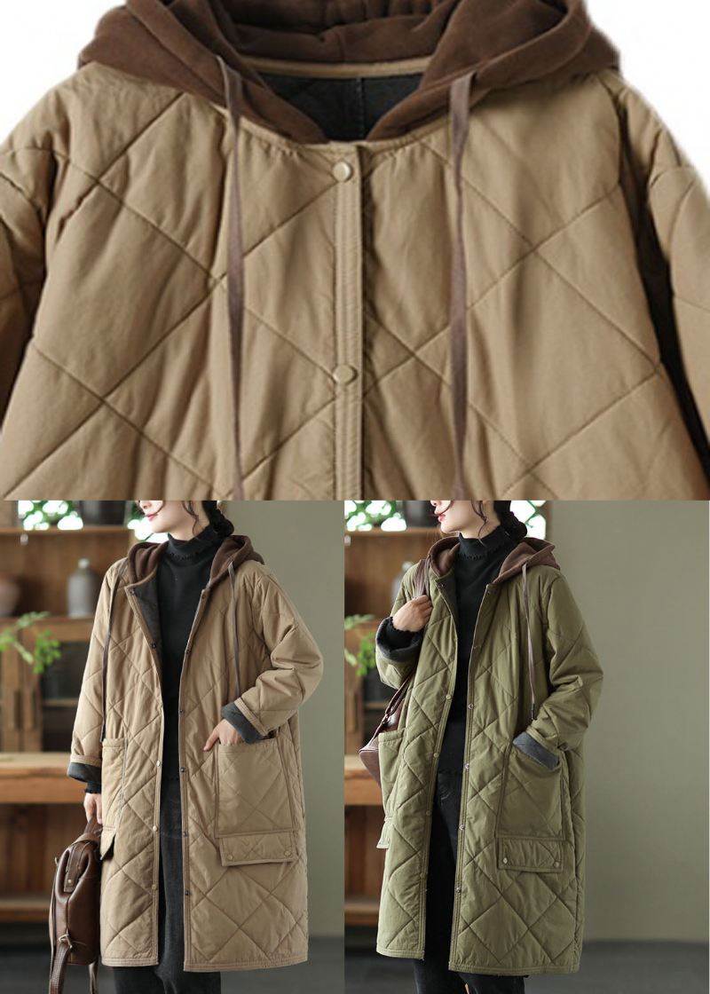 Montert Khaki Glidelås Pledd Patchwork Hette Parka Winter - Khaki