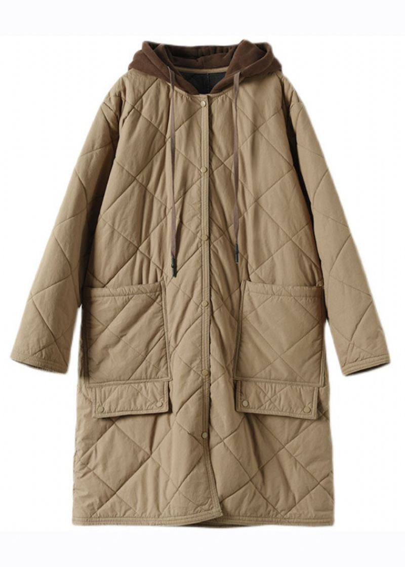 Montert Khaki Glidelås Pledd Patchwork Hette Parka Winter - Khaki