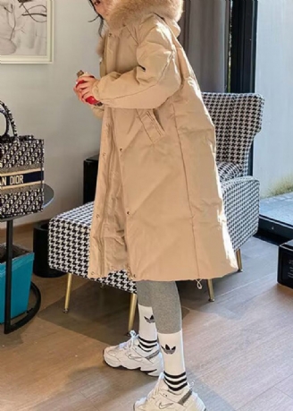 Montert Khaki Pelskrage Hette Duck Down Puffer Coat Vinter