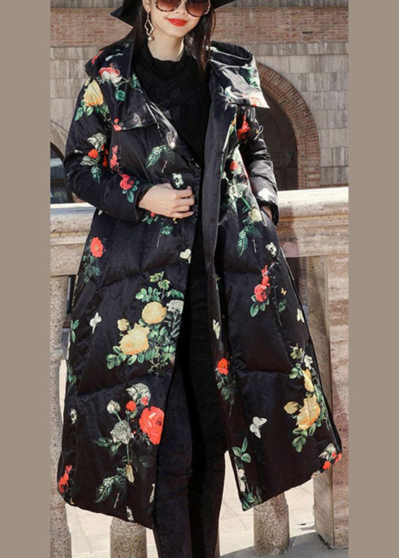 Mote Elegant Print Oriental Vinter Lange Puffer Jakker Duck Down Coat - Svart