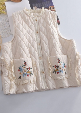 Økologisk Beige Brodert Ruffled Patchwork Tie Midje Vest Vinter