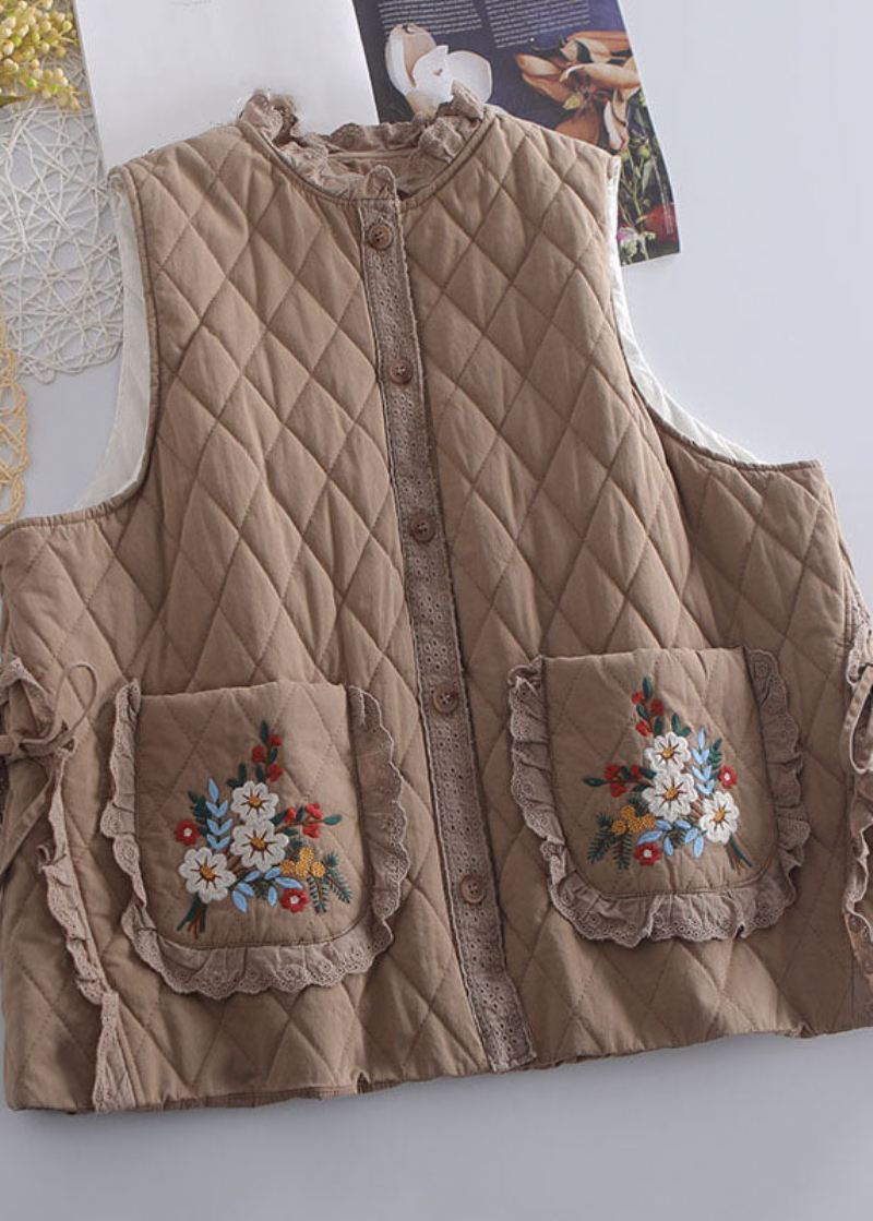 Økologisk Beige Brodert Ruffled Patchwork Tie Midje Vest Vinter - Beige