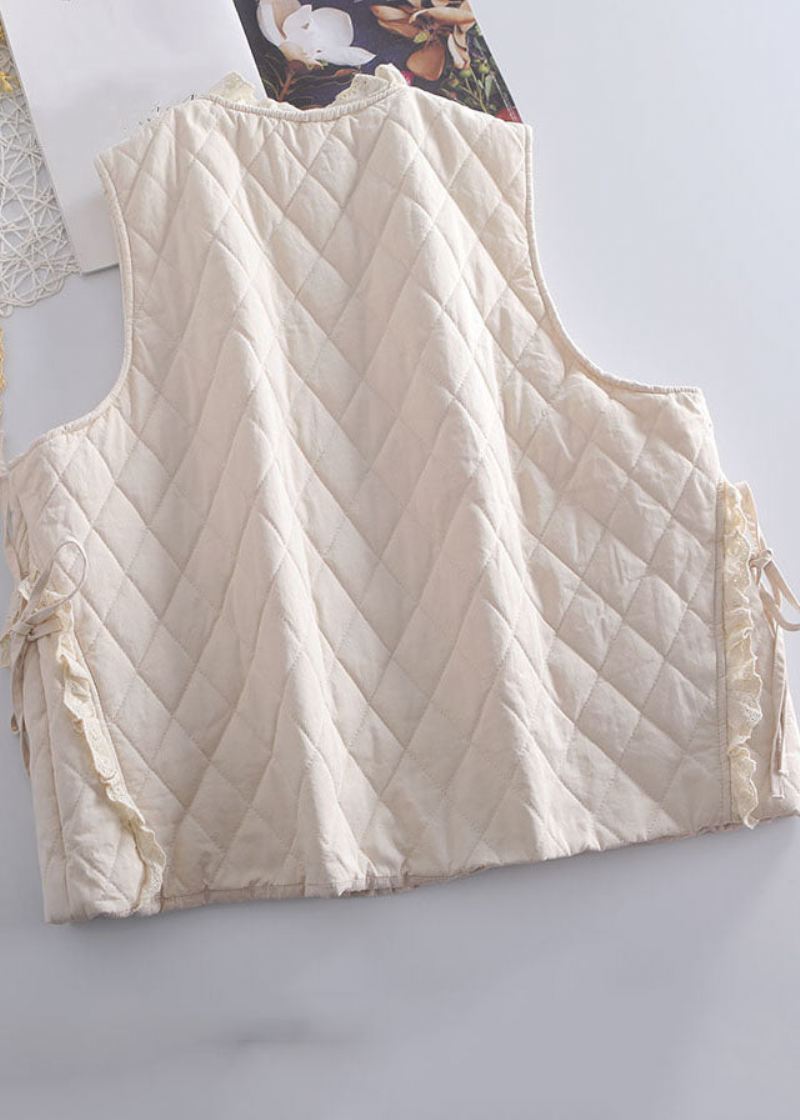 Økologisk Beige Brodert Ruffled Patchwork Tie Midje Vest Vinter - Beige