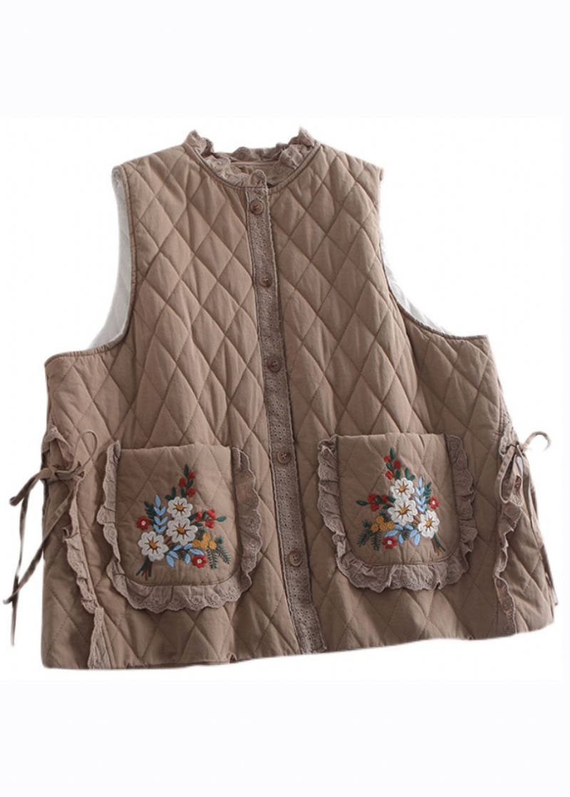 Økologisk Beige Brodert Ruffled Patchwork Tie Midje Vest Vinter - Beige